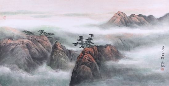 　　张弛-黄山松云-38×75cm-设色纸本-2012年