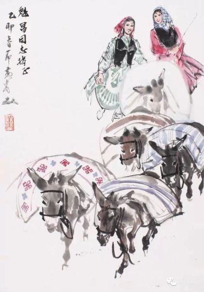 黄胄(1925-1997) 送公粮 63×44cm 约2.5平尺 设色纸本立轴 款识：魁昌同志指正。乙卯（1975年）春节，黄胄。 钤印：黄胄 出版：《“生活之路”第三届黄胄师生作品展》中国美术家协会、黄州美术基金会、炎黄艺术馆 P.007 HUANG ZHOU(1925-1997) Hand in Grain Hanging Scroll, ink and color on paper. With one seal of the artist.